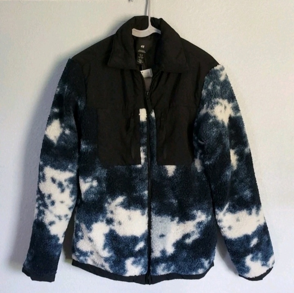 H&M Blue & White Jacket Front Zip And Side Pockets Faux Sheer Men's Size XS NEW